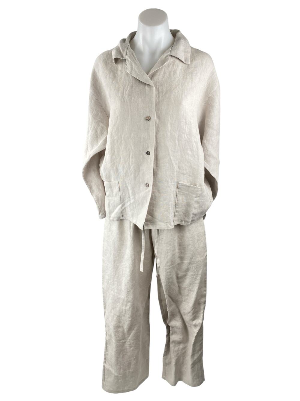 Amour Linen Women's Beige Long Sleeve Button Down Pajama Two Piece Set Size M
